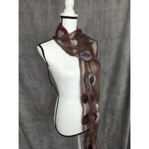 Silk Chiffon Felted Scarf Shawl Brown Blue Red Artsy Art To Wear Estate 13x72